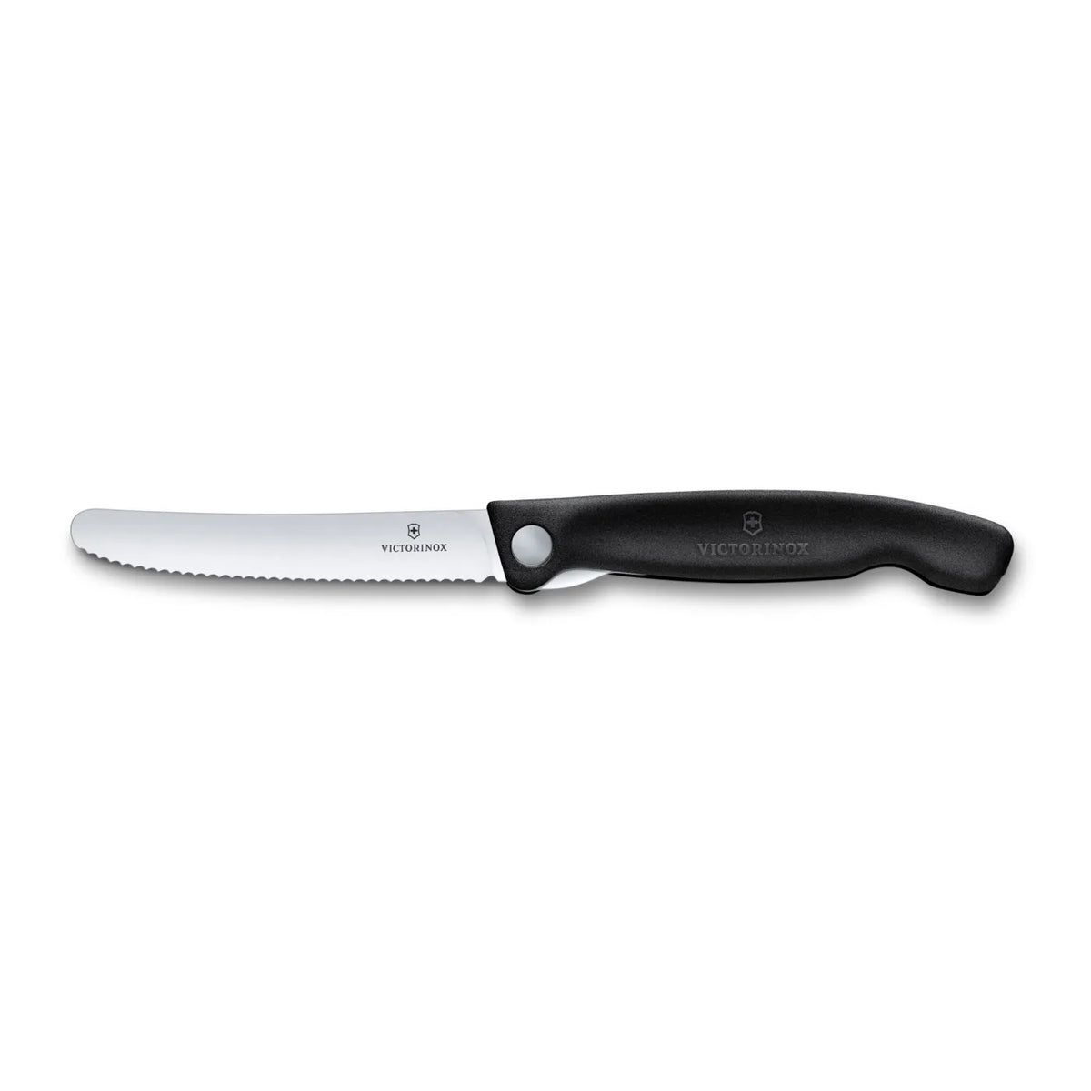 Victorinox Swiss Classic foldable paring knife in black, fully open side view showing the serrated wavy-edge blade and handle