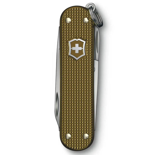 Swiss made 5-function pocket knife with embossed and anodized aluminum scales