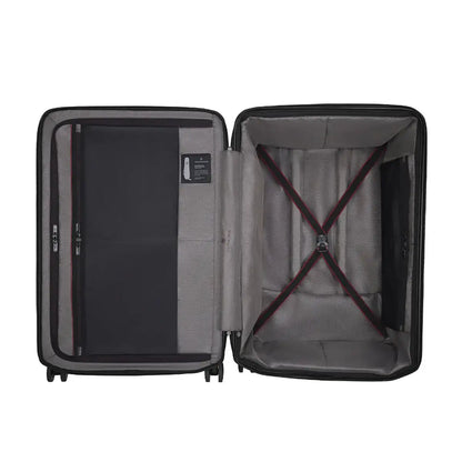 Zippered mesh divider wall with two large mesh pockets stretches for easy packing