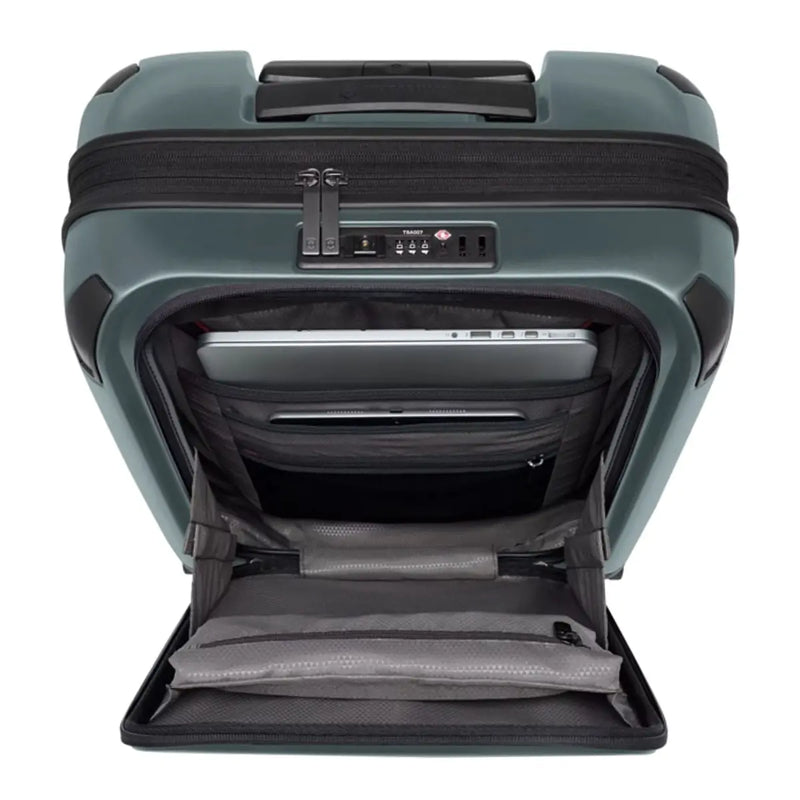 Featuring a quick-access lockable front compartment with organization panel and holds a laptop and a tablet