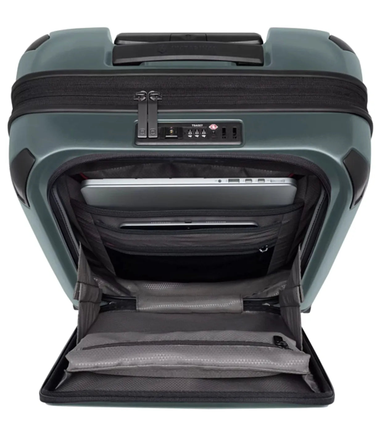 Featuring a quick-access lockable front compartment with organization panel and holds a laptop and a tablet