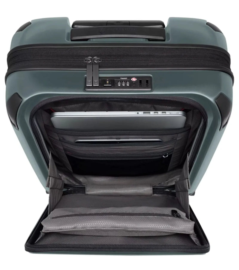 Featuring a quick-access lockable front compartment with organization panel and holds a laptop and a tablet