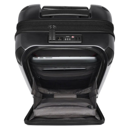 Featuring a quick-access lockable front compartment with organization panel and holds a laptop and a tablet