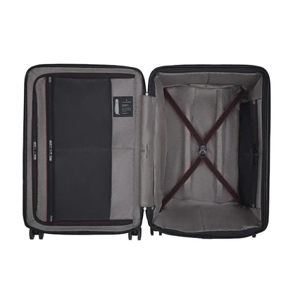 Zippered mesh divider wall with two large mesh pockets stretches for easy packing