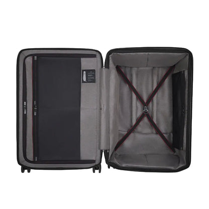 Zippered mesh divider wall with two large mesh pockets stretches for easy packing