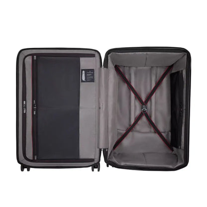 X-shaped compression straps cover a greater surface area to keep folded items secure