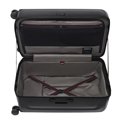 X-shaped compression straps cover a greater surface area to keep folded items secure