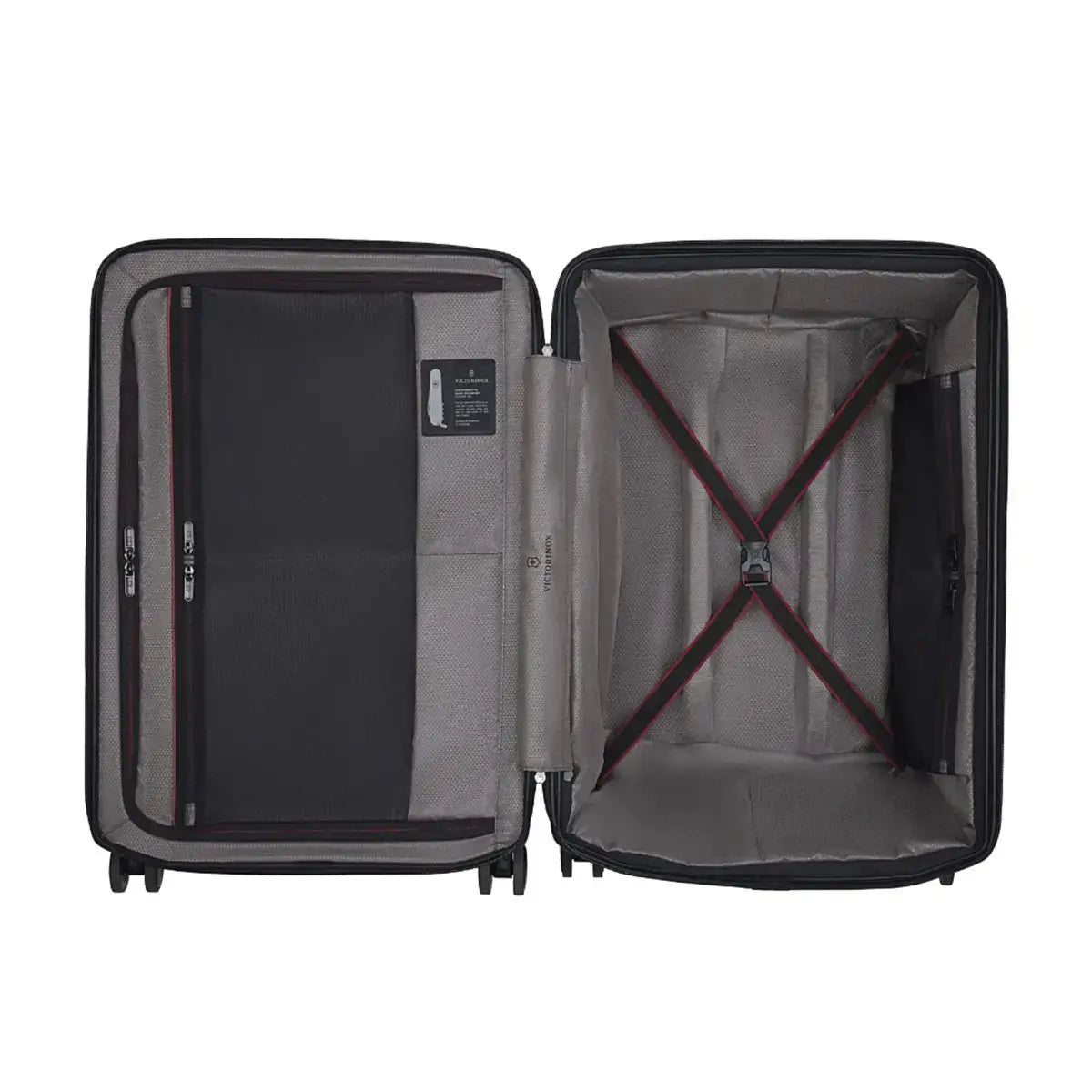 Zippered mesh divider wall with two large mesh pockets stretches for easy packing