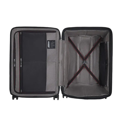 Zippered mesh divider wall with two large mesh pockets stretches for easy packing