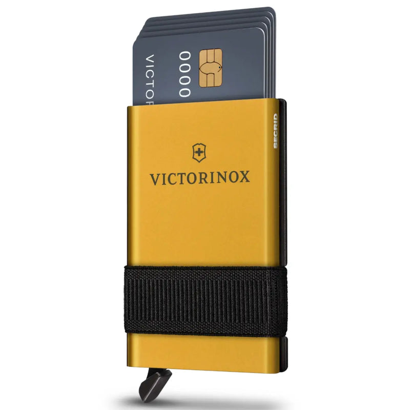 Stores up to six cards and has a unique patented mechanism to slide cards in and out quickly and easily when paying