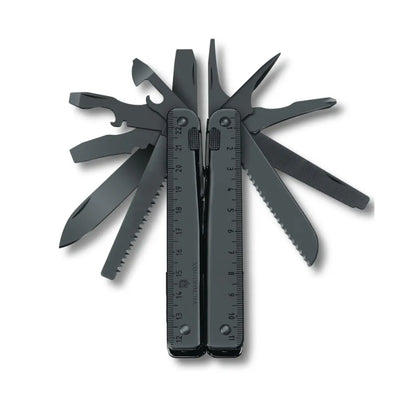 Swiss made multi-tool with 29 tools made of black oxide steel