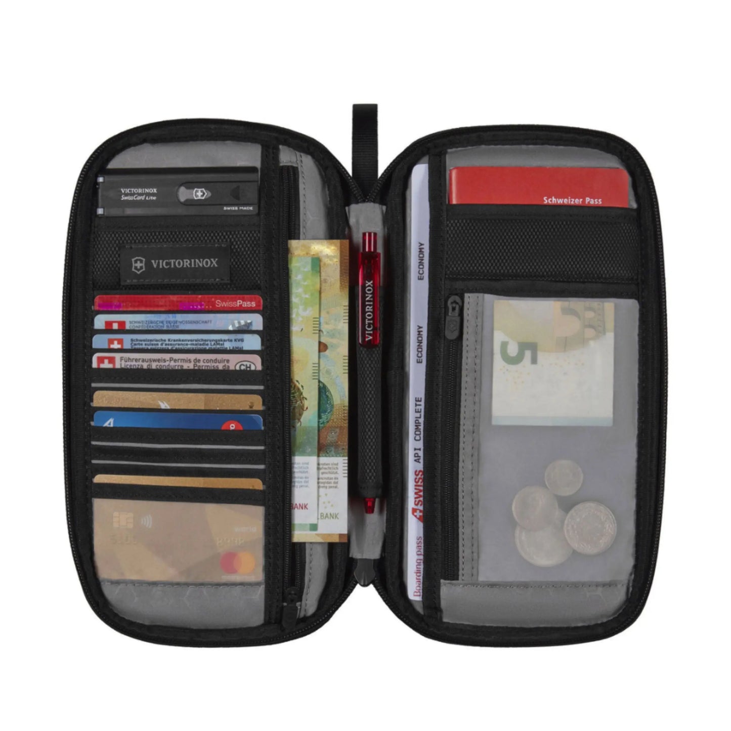 Includes a large storage pocket and full-length zippered pocket to store tickets, passport and most sizes of currency