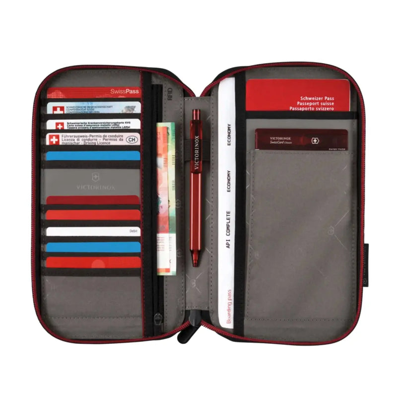 10 card slots, zipped pocket, pen holder, slip-in pocket with gusset, short slip-in pocket