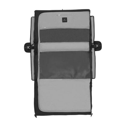 Interior features hanger clamp, two foam bolster compression straps, a zippered mesh tie pocket and a large zippered mesh storage pocket