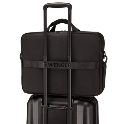 Pass-Thru trolley strap slides over wheeled luggage handles for easy travel with multiple bags