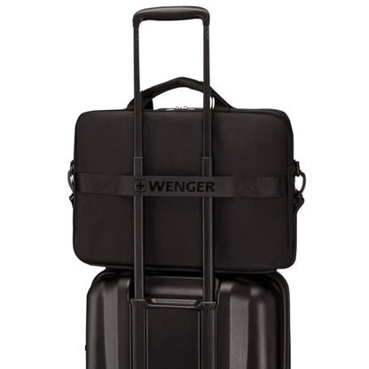 Pass-Thru trolley strap slides over wheeled luggage handles for easy travel with multiple bags