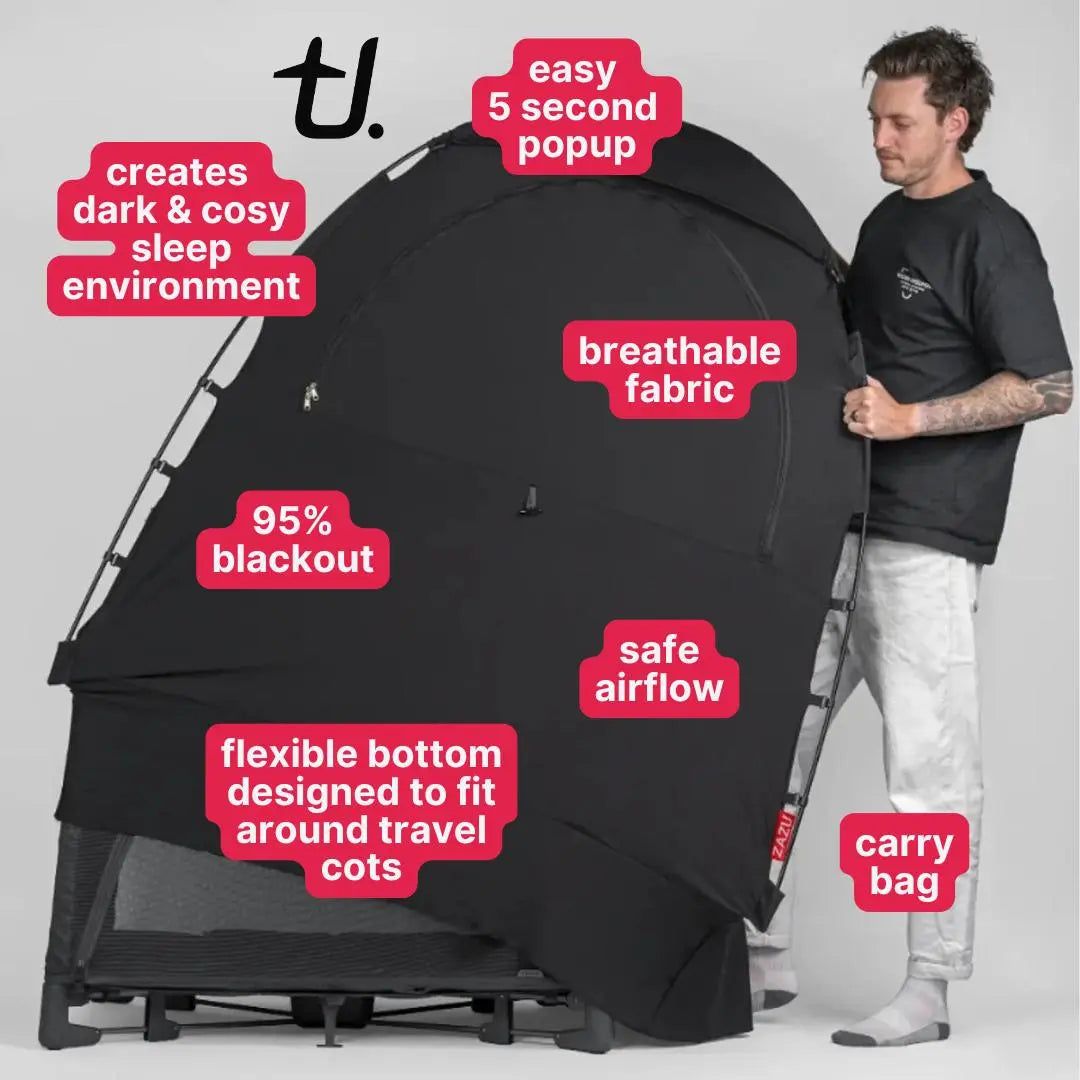 Black pop-up Zazu Rest Nest tent with features highlighted on a gray background