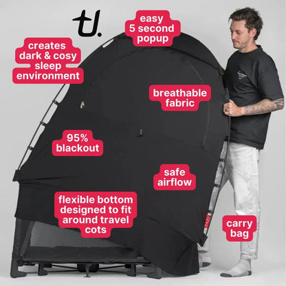 Black pop-up Zazu Rest Nest tent with features highlighted on a gray background