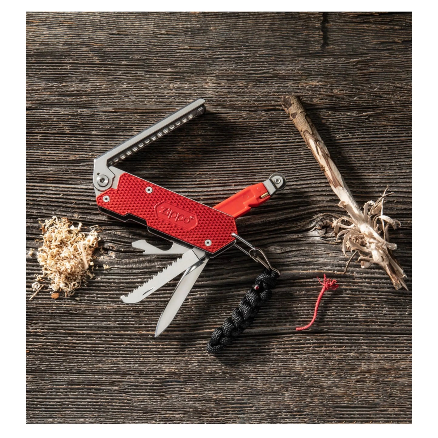 Double cut saw blade, flathead screwdriver, bottle opener, & bail