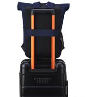 Padded Back Panel featuring a luggage band, ready to seamlessly slide over the trolley tubes of rolling luggage