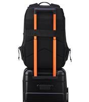 Padded Back Panel featuring a luggage band, ready to seamlessly slide over the trolley tubes of rolling luggage