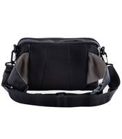 Adjustable waist strap can be tucked away behind back panel with velcro closure to keep secure